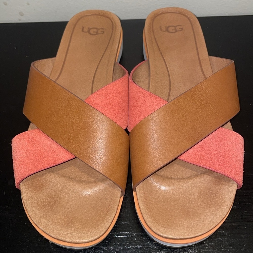 UGG‎ Kari Sandals/Slides size 9.5 coral and brown.  Leather.
